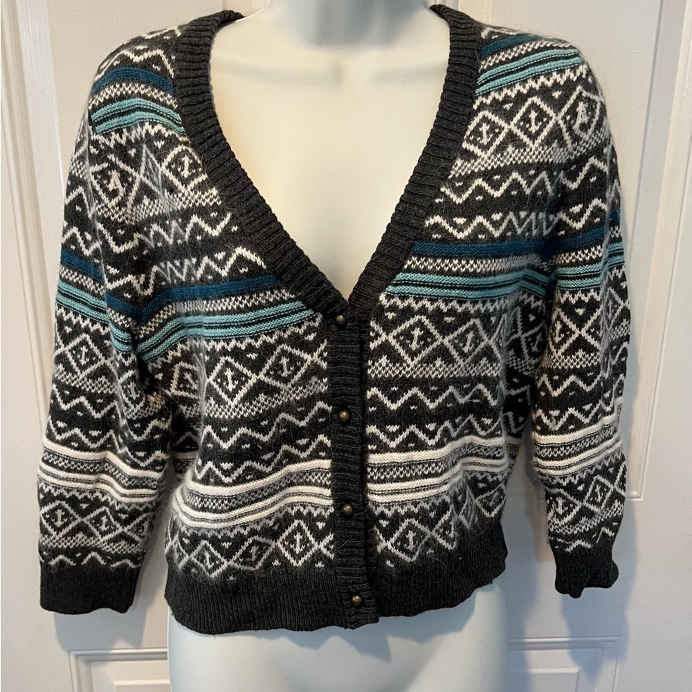 Lands' End Canvas 1963 Women's Cardigan Fair Isle Angora/Wool Blend Sweater Sz S